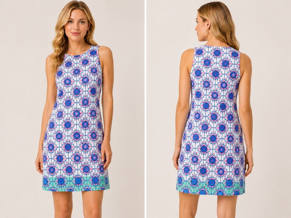 Hatley Sleeveless Geometric Print Shift Dress Blue Pink White NWT Size Small